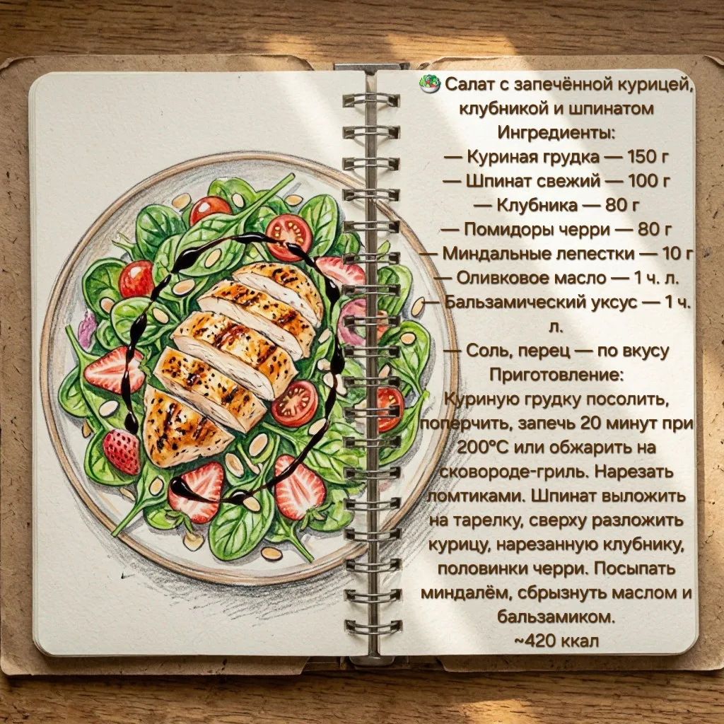 ⚖️ Конструктор калорий
📉 Похудеть (~300 ккал):
— Курицу готовить без масла.
— Миндаль убрать.
— Зап