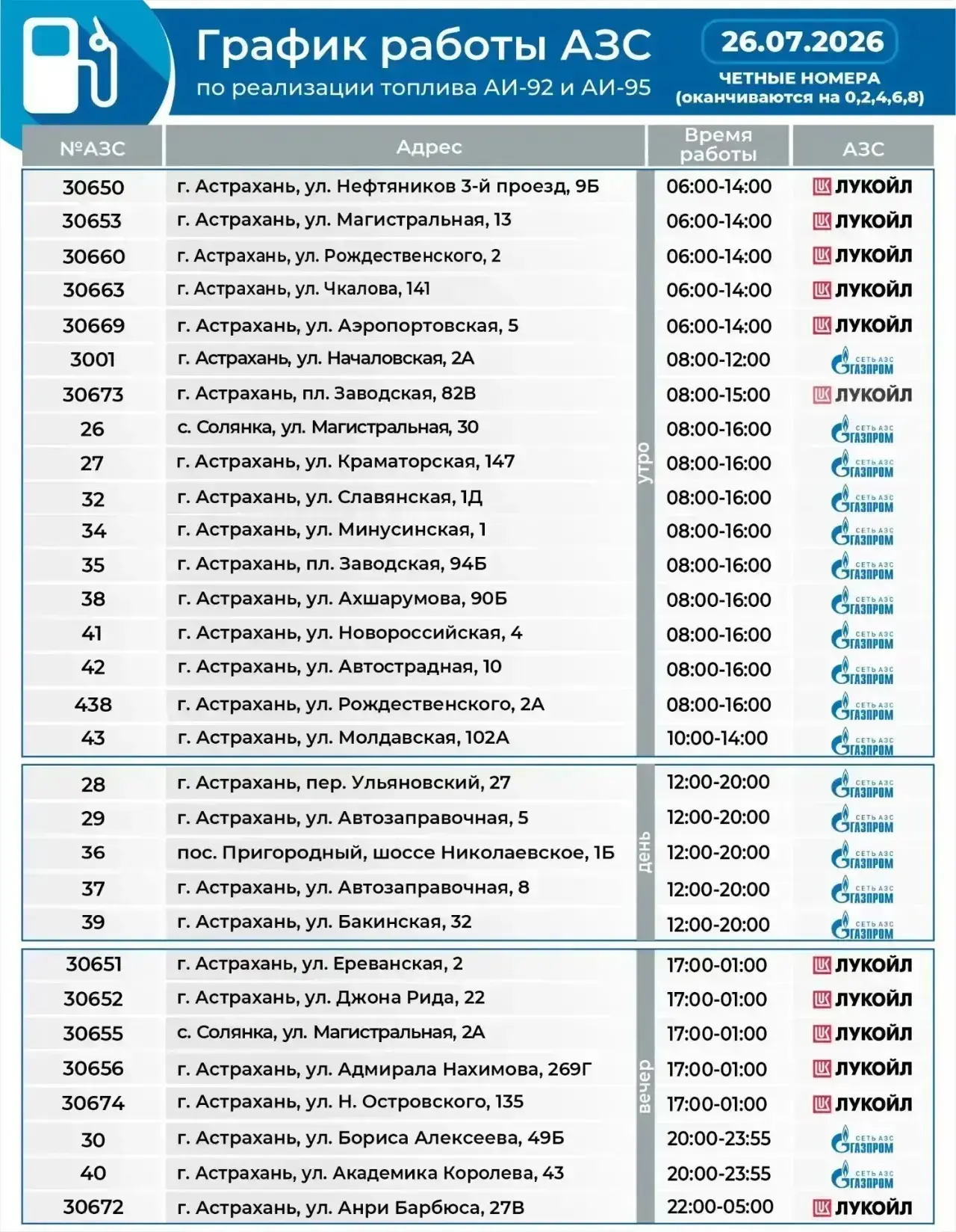 Актуальный график работы АЗС на 26 июля.
