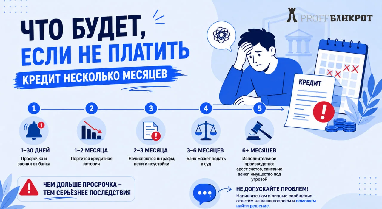 💳 Что будет, если не платить кредит несколько месяцев?
Многие думают, что если перестать платить кр