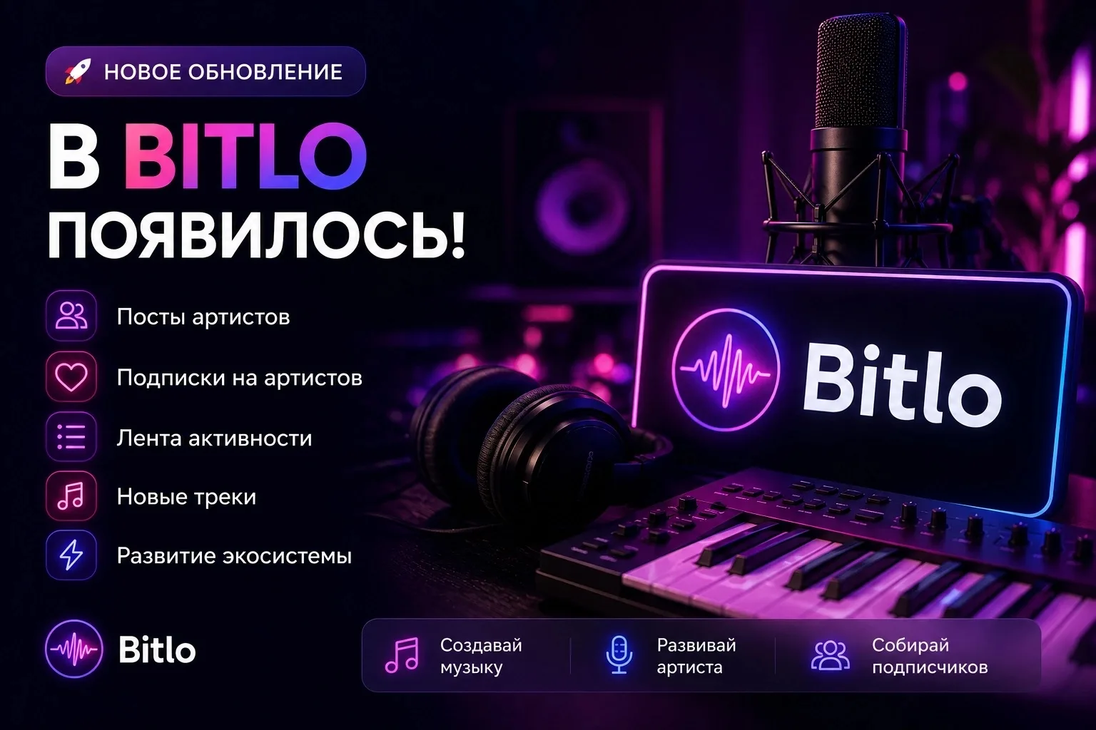 🚀 Большое обновление Bitlo! 
 
Мы продолжаем превращать Bitlo из генератора песен в полноценную пла