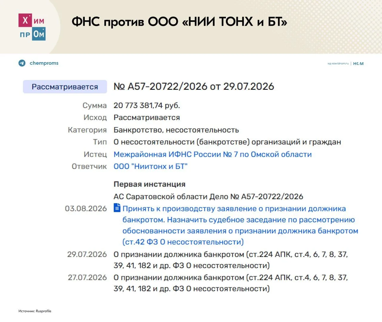 ▪️ ФНС банкротит одного из основателей саратовского «Центра малотоннажной химии». С ООО...