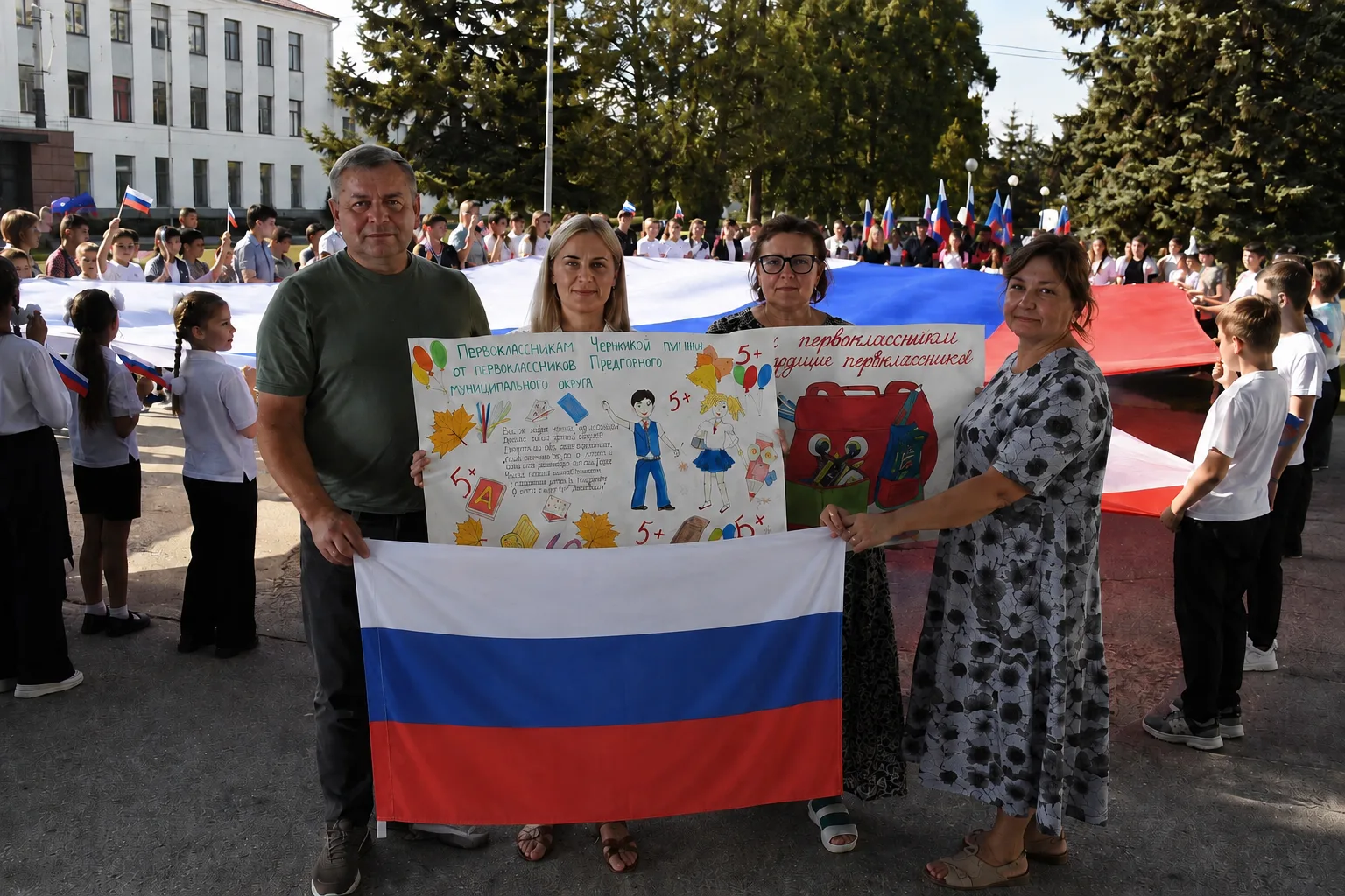 Делегация Предгорья доставила подарки ко Дню знаний в ЛНР и развернула флаг России вмес...
