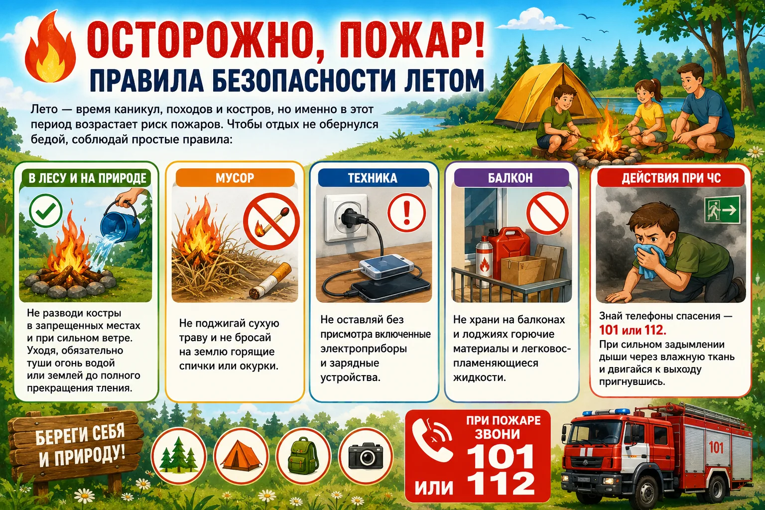 🔥 Осторожно, пожар! Правила безопасности летом

Лето — время каникул, походов и отдыха на природе. 