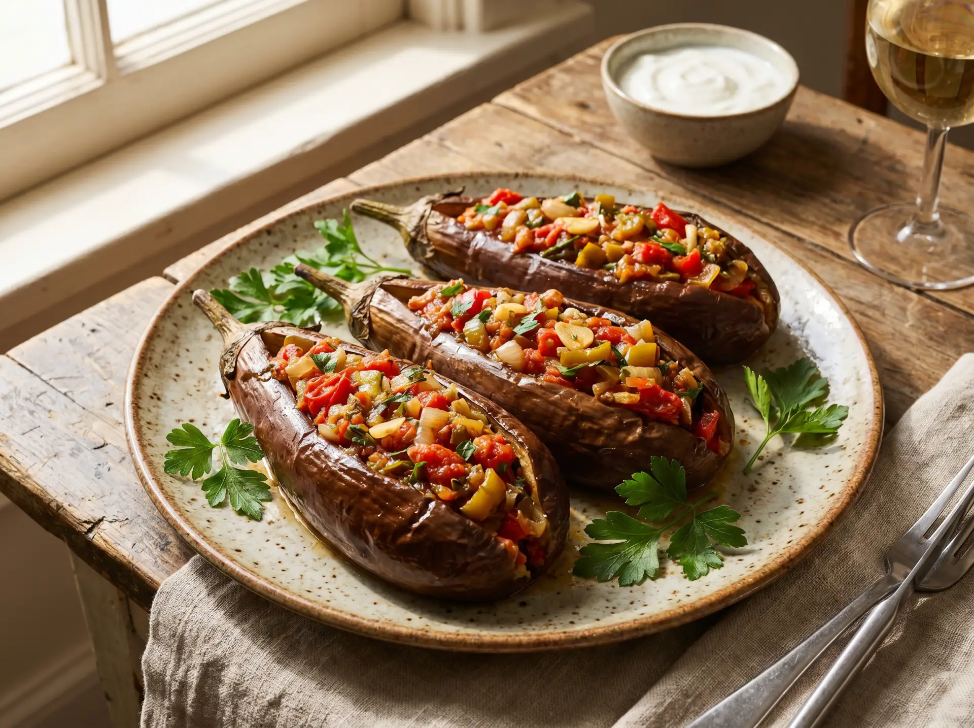 Баклажаны по-армянски 🍆🌶️

Ингредиенты: 
- Баклажаны 🍆 — 2 шт.;  
- Помидоры — 3–5 шт.;  
- Репча