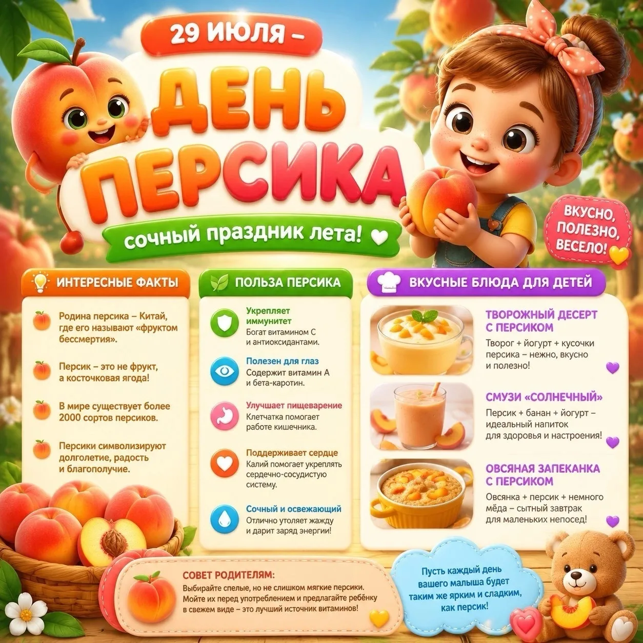 🍑 29 июля — День персика! 🍑

Персик — это лето, солнце и сладкий аромат, который обожают дети. 💛 