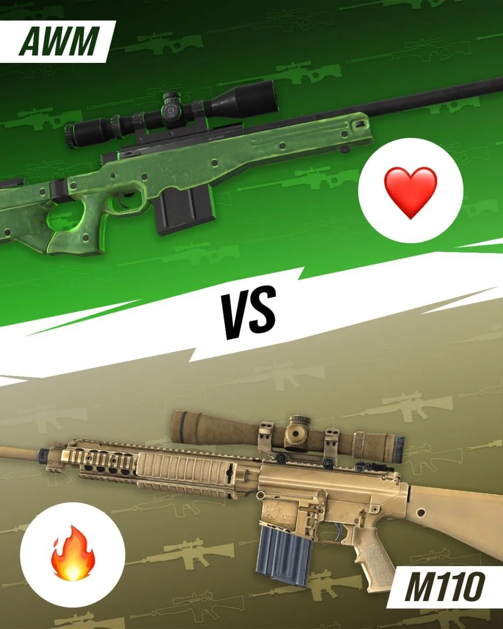 🤔 Любишь снайперки? 

Самое время сравнить AWM и M110 и выбрать лучшую винтовку! 

Слишком очевидно