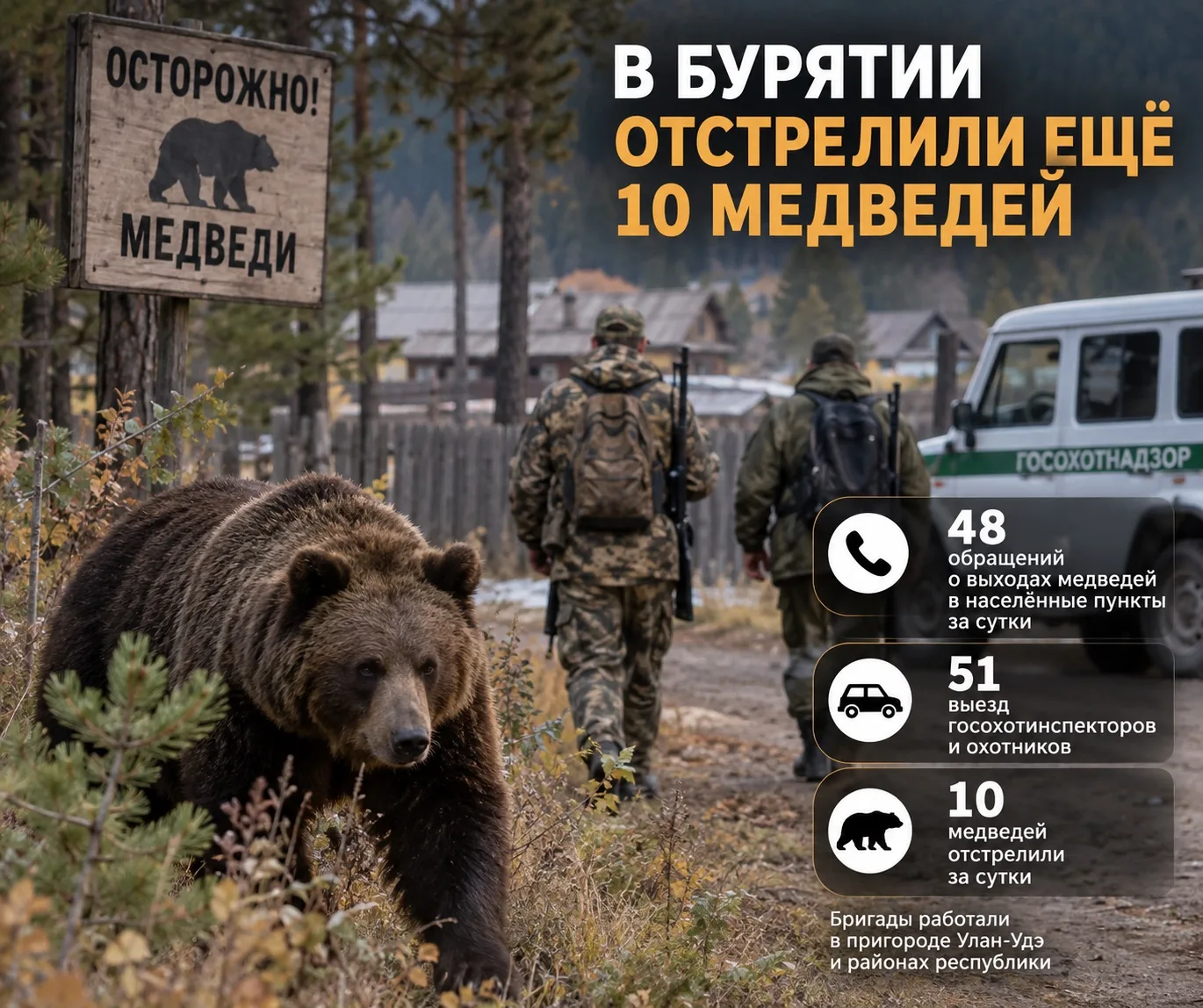🐻 48 сообщений о медведях за сутки: в Бурятии отстрелили ещё 10 хищников