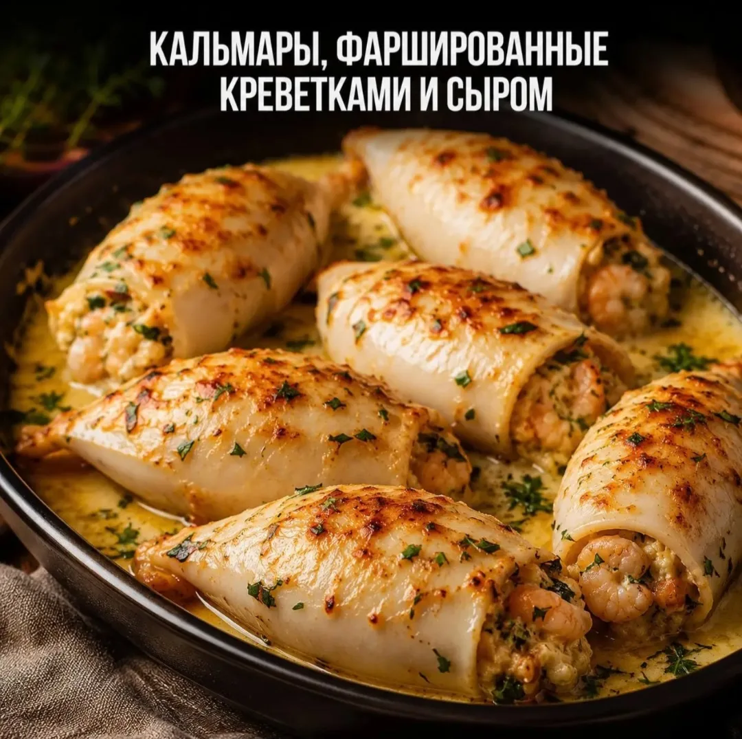 🍤 Кальмары, фаршированные креветками и сыром — изысканное блюдо для особого случая!