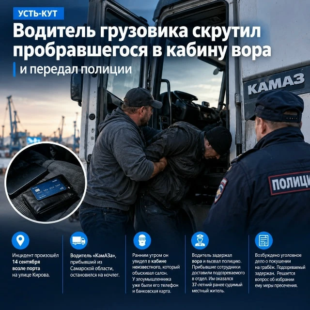 Водитель грузовика скрутил пробравшегося в кабину вора и передал полиции