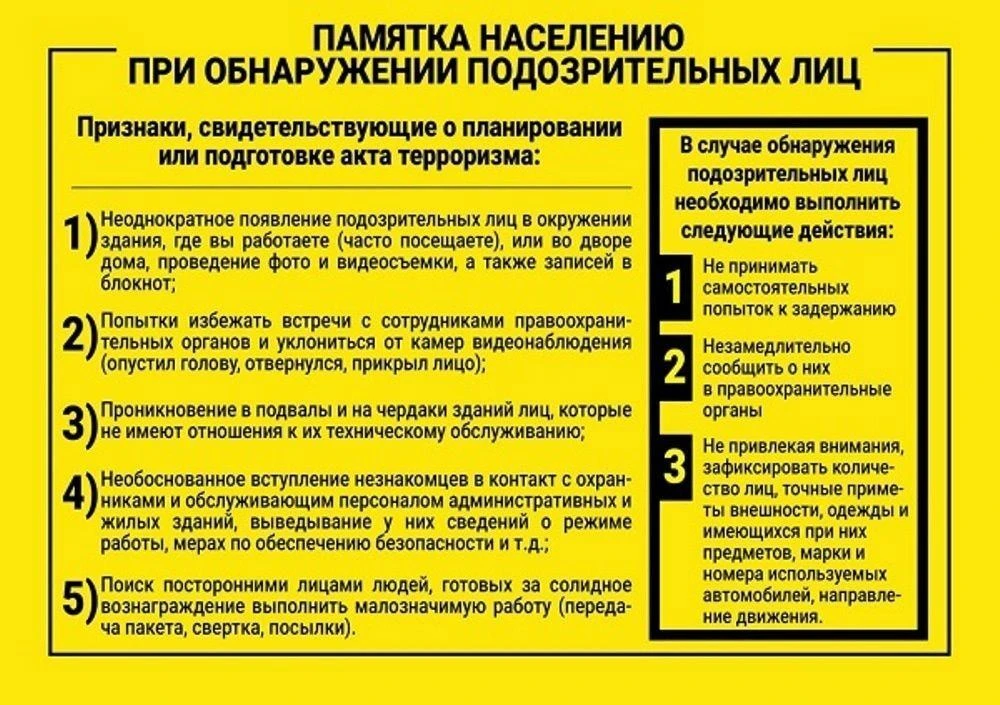 Памятка «Признаки присутствия подозрительных лиц, о которых необходимо незамедлительно ...