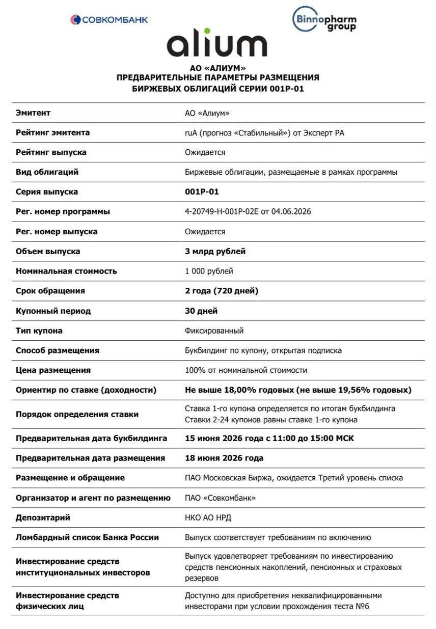🇷🇺 Новый выпуск облигаций Алиум 001Р-01

Один из крупнейших производителей лекарственных препарато