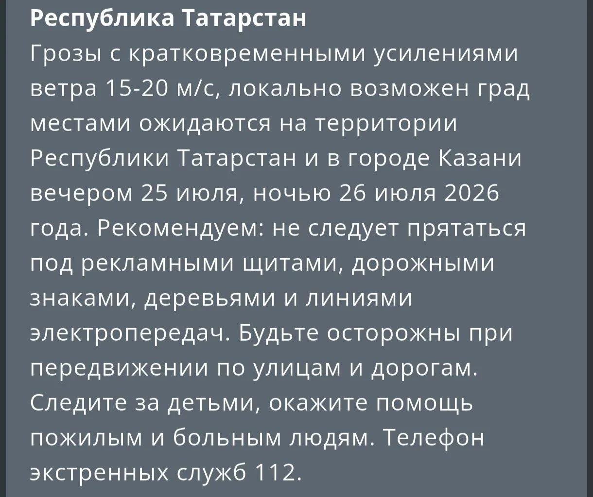 ⛈В Татарстане ожидаются грозы и сильный ветер
