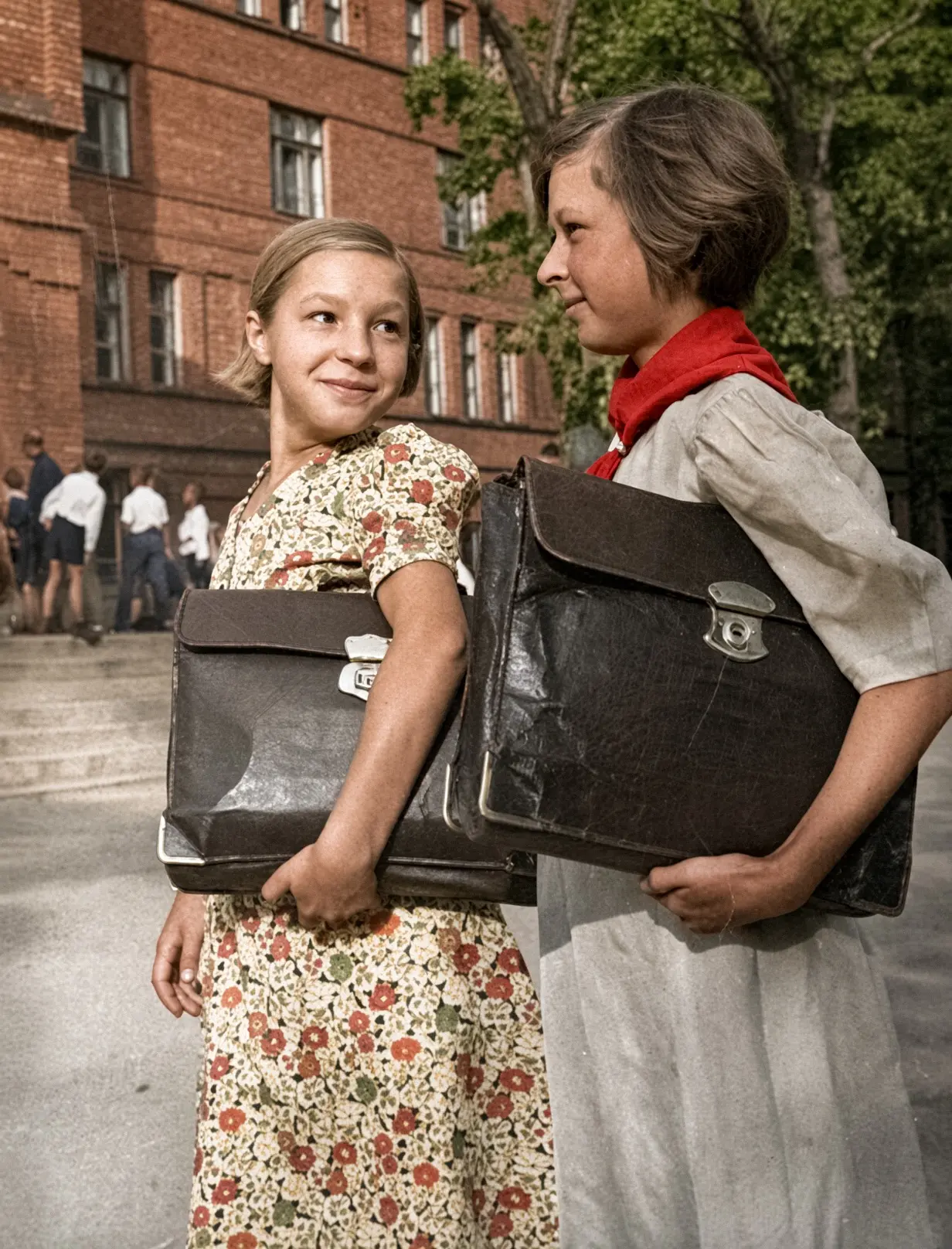 Девочки идут в школу. Москва, 1942 год.