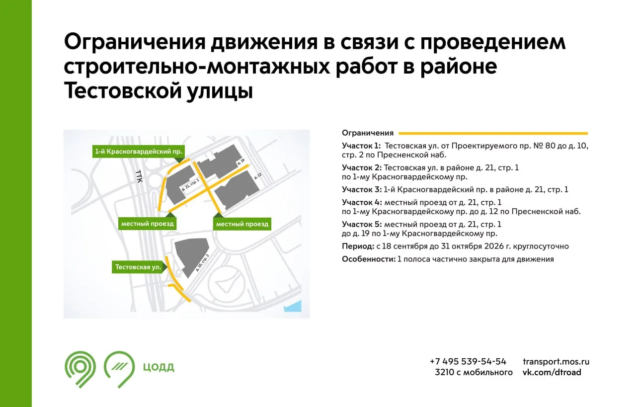 С 18 сентября до 31 октября на участках Тестовской улицы и 1-го Красногвардейского прое...