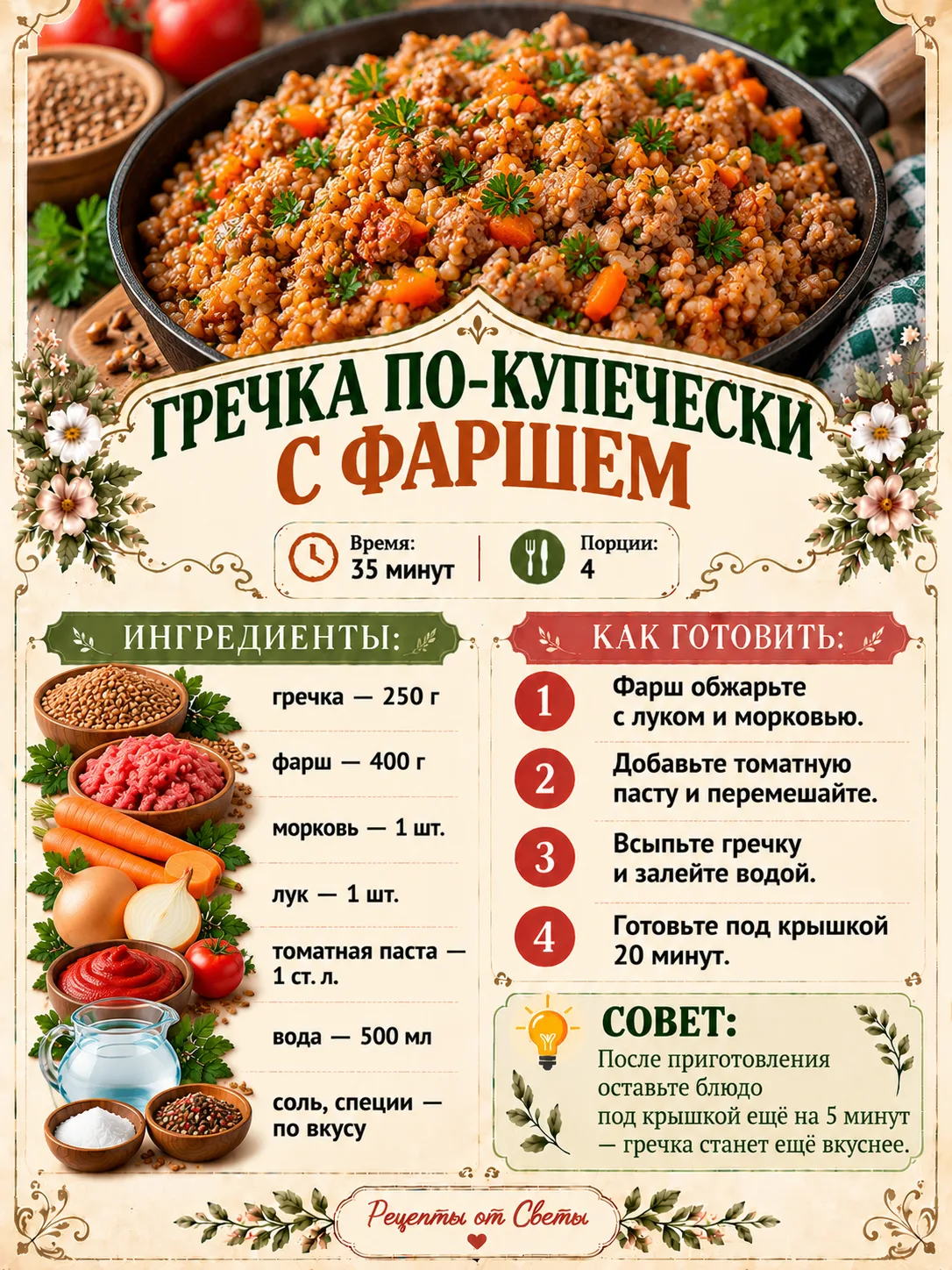 🍲 Гречка по-купечески: сытный ужин в одной сковороде, и посуды мыть меньше!