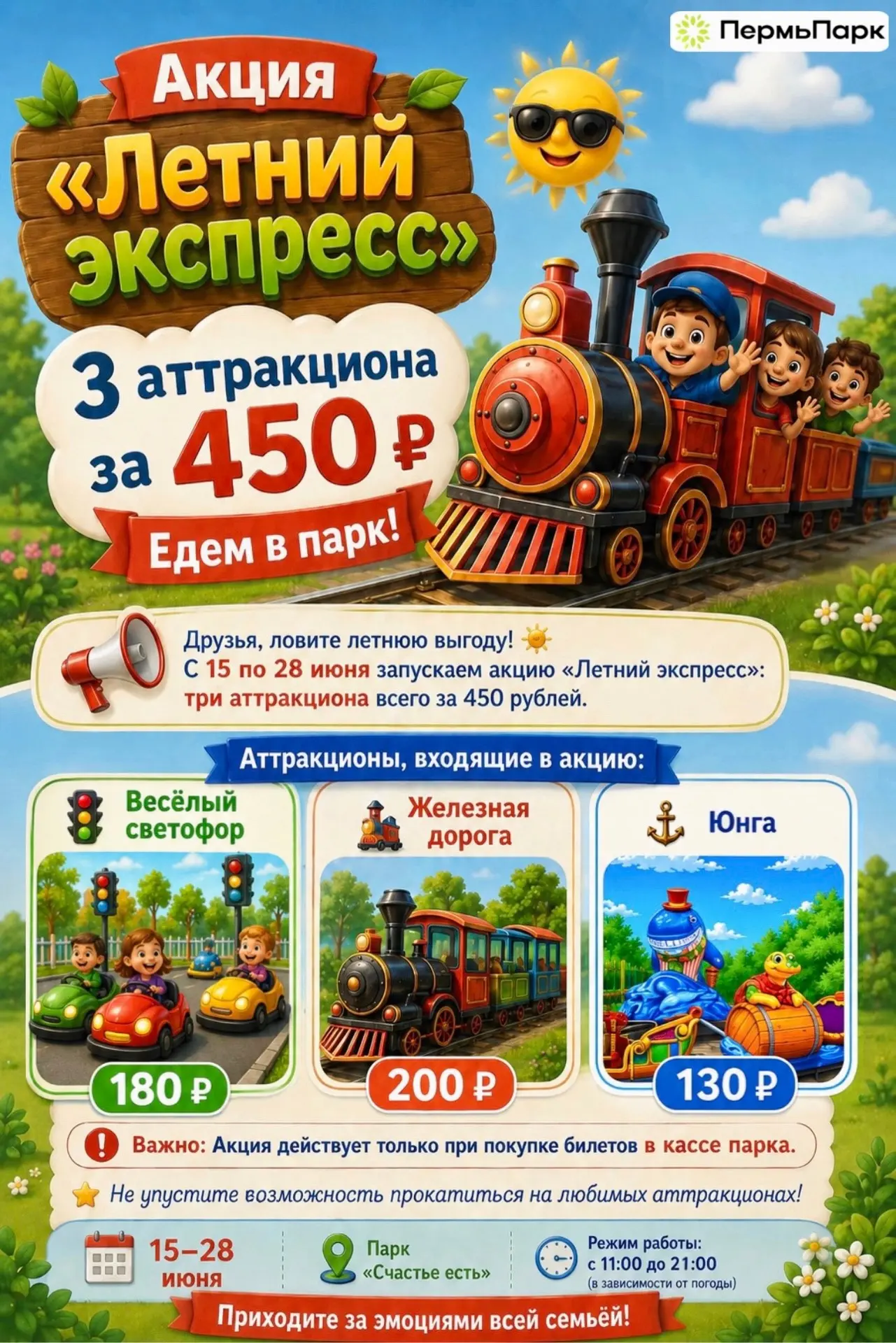🚂 «Летний экспресс»
3 аттракциона за 450 ₽? Едем в парк!

Друзья, ловите летнюю выгоду! ☀️ С 15 по 
