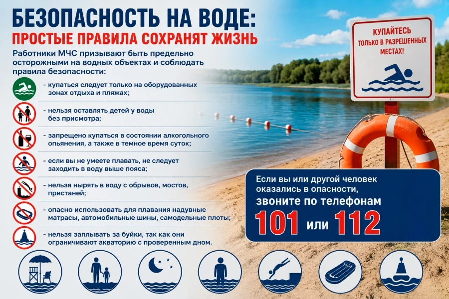 Безопасность на воде: памятка

Водоёмы — это зона повышенной опасности. Работники МЧС напоминают про