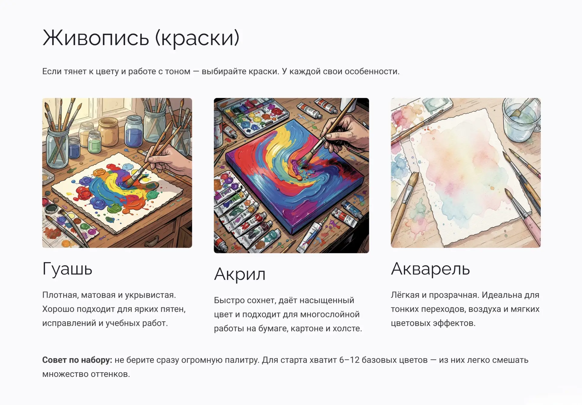 🖌️ Краски — сравним гуашь, акрил и акварель: где проще перекрывать ошибки, а где придё...