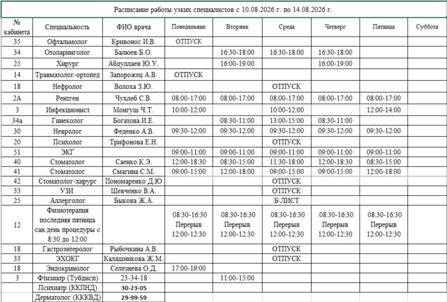 🥼🕐Расписание работы специалистов  с 10.08.2026 г. по 14.08.2026 г.
