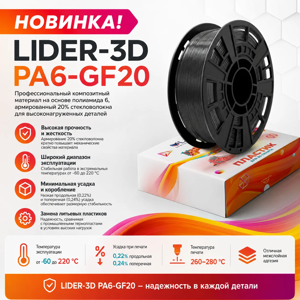 🔥 Новинка! LIDER-3D PA6-GF20  PA6-GF20 - инженерный пластик на основе модифицированного PA6, армиров