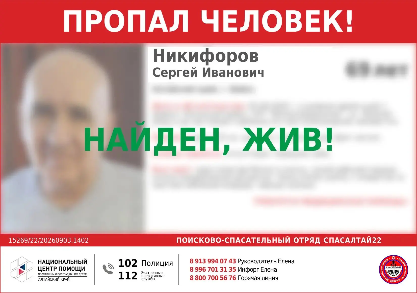 🆘 #Алтайский край, #Бийск, 🆘 #Никифоров Сергей Иванович, 69 лет.