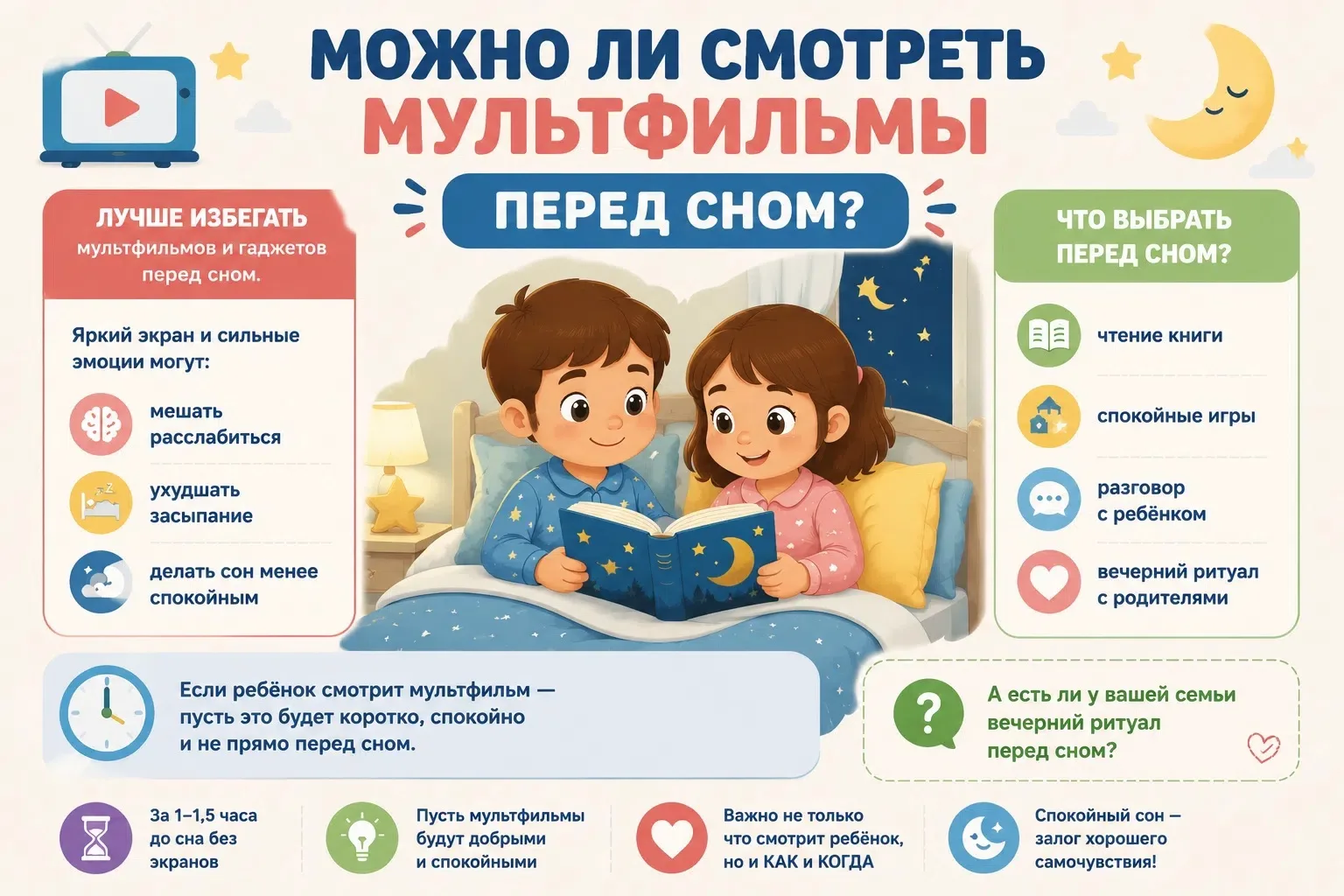 🌙 Можно ли смотреть мультфильмы перед сном?

Лучше избегать гаджетов и активных мультфильмов перед 