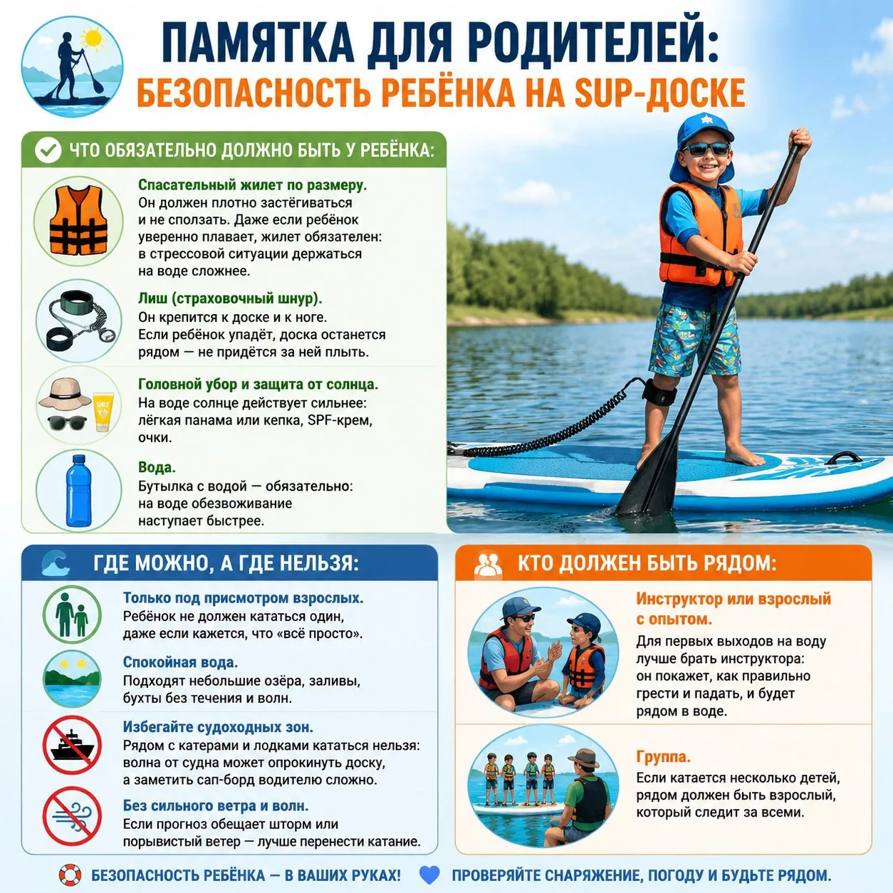 🛶 Памятка для родителей: безопасность ребёнка на SUP‑доске

Если ребёнок хочет кататься на сап‑борд