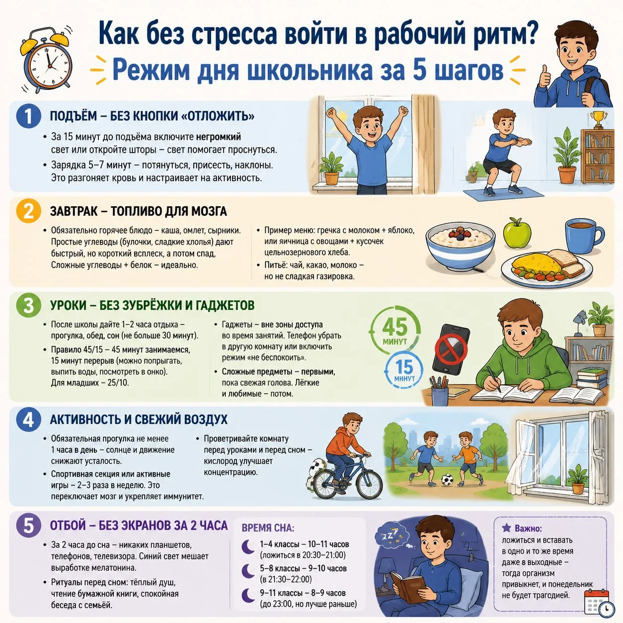 📌 Как без стресса войти в рабочий ритм? Режим дня школьника за 5 шагов