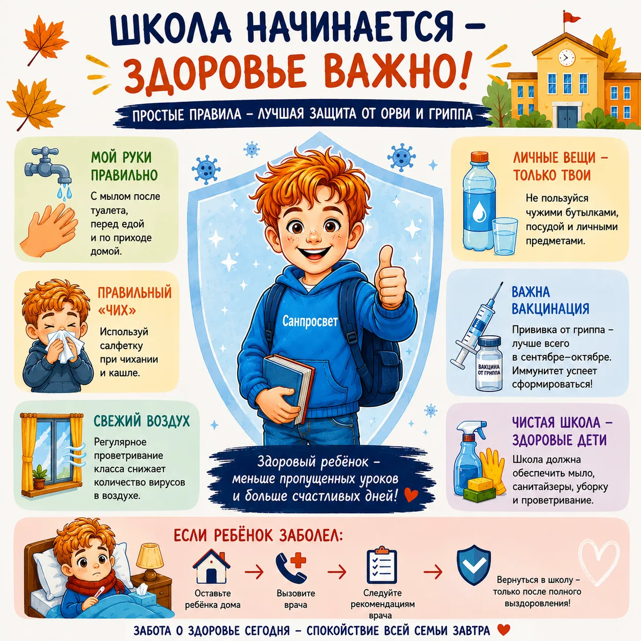 🏫 Снова в школу: напоминаем о правилах гигиены и вакцинации 🛡