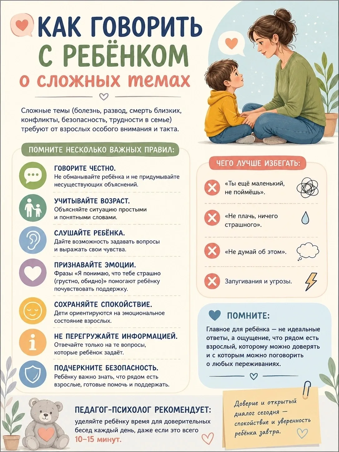 💙 Памятка для родителей: «Как говорить с ребёнком о сложных темах» 💙

Жизнь не всегда состоит из р