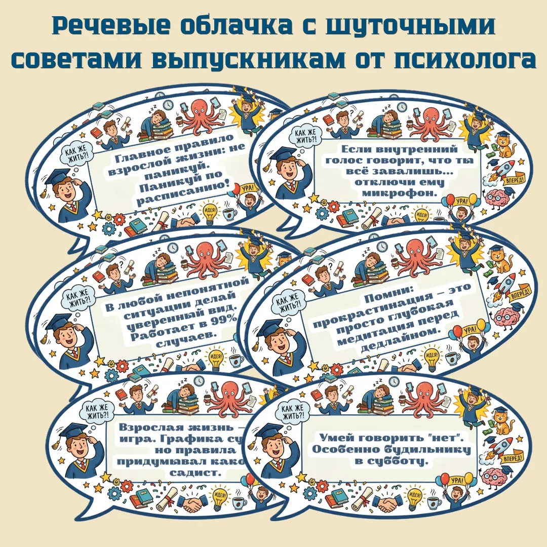 Речевые облачка с шуточными советами выпускникам от психолога.