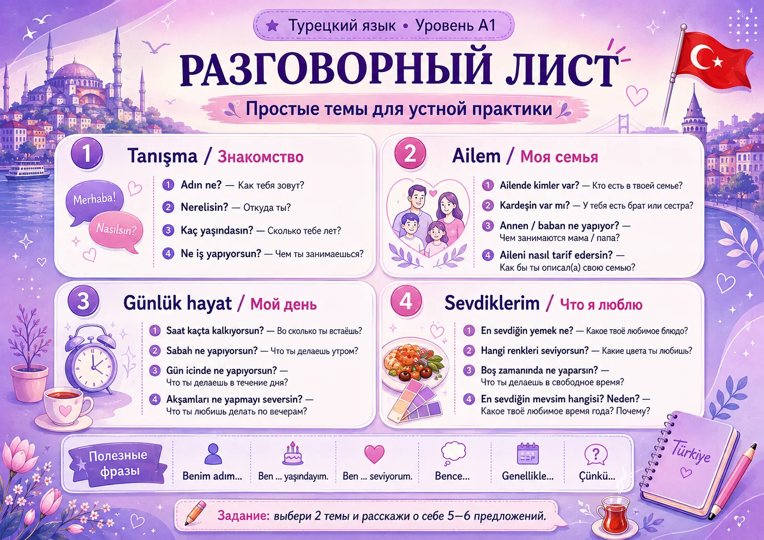 Canlar, делюсь с вами рабочим листом с разговорными темами уровня А1 (начинающий)🥰