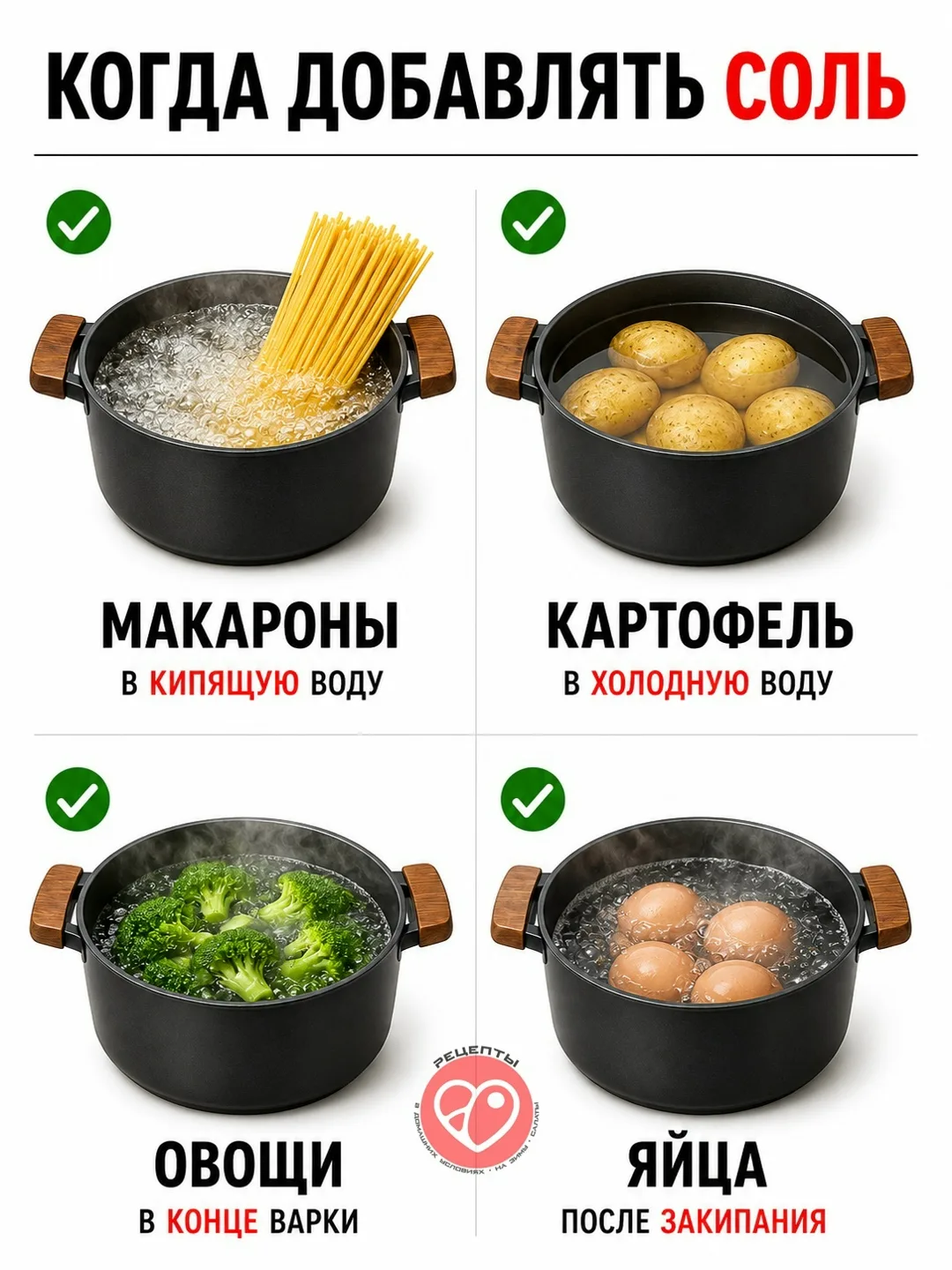 Когда солить макароны, картофель и овощи? И когда открывать крышку?