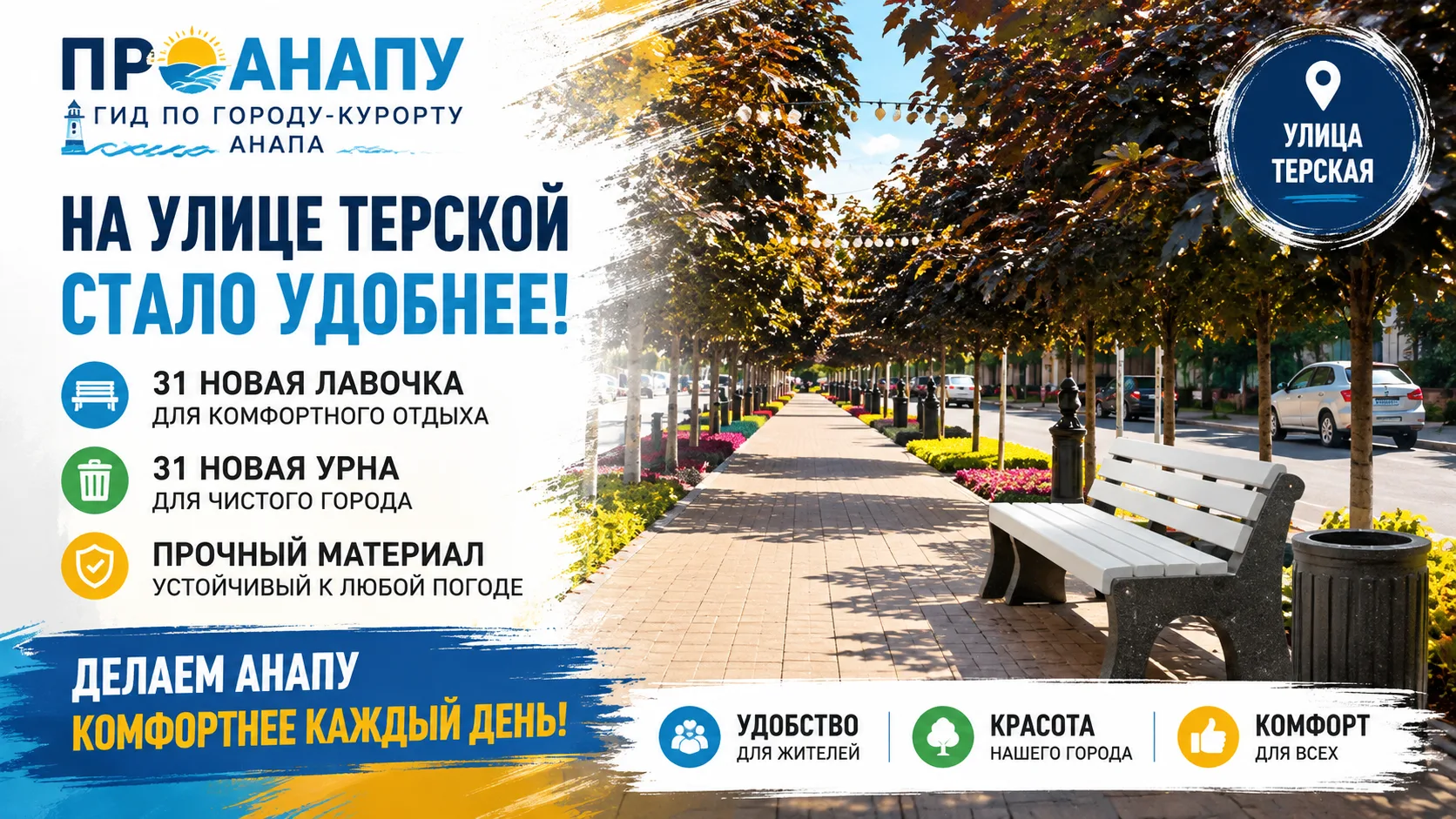 На улице Терской в Анапе установили 31 новую лавочку и урну