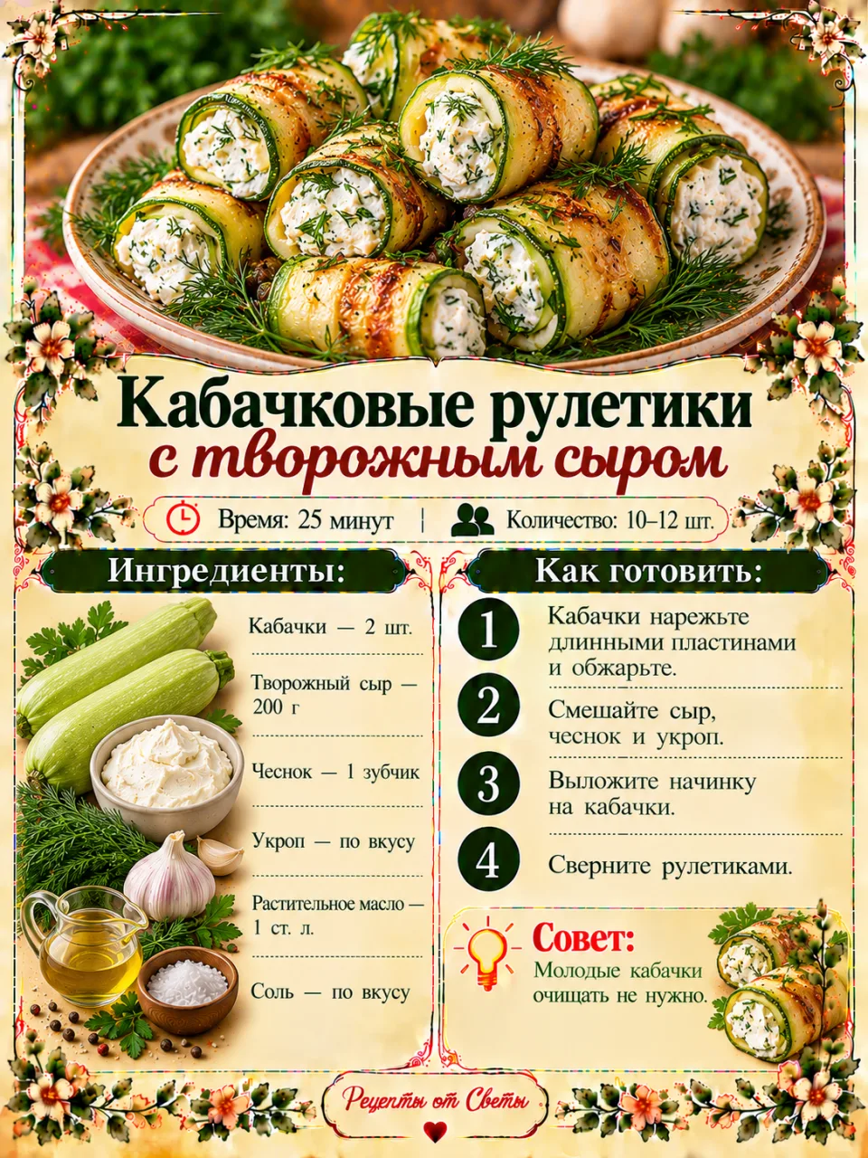 🥒 Кабачковые рулетики с творожным сыром