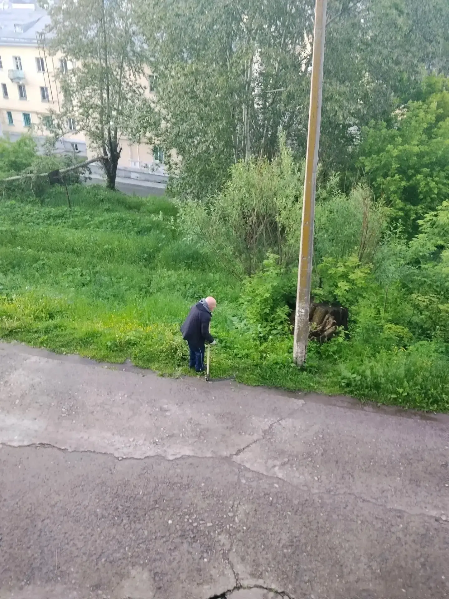 🧓🏻❗️Редкое зрелище: пенсионер косит траву вручную в Златоусте