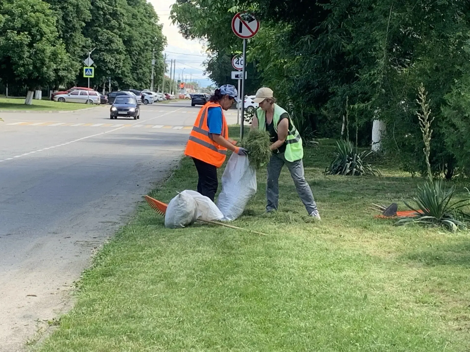 Сбор скошенной травы по улице Первомайской пгт Мостовского