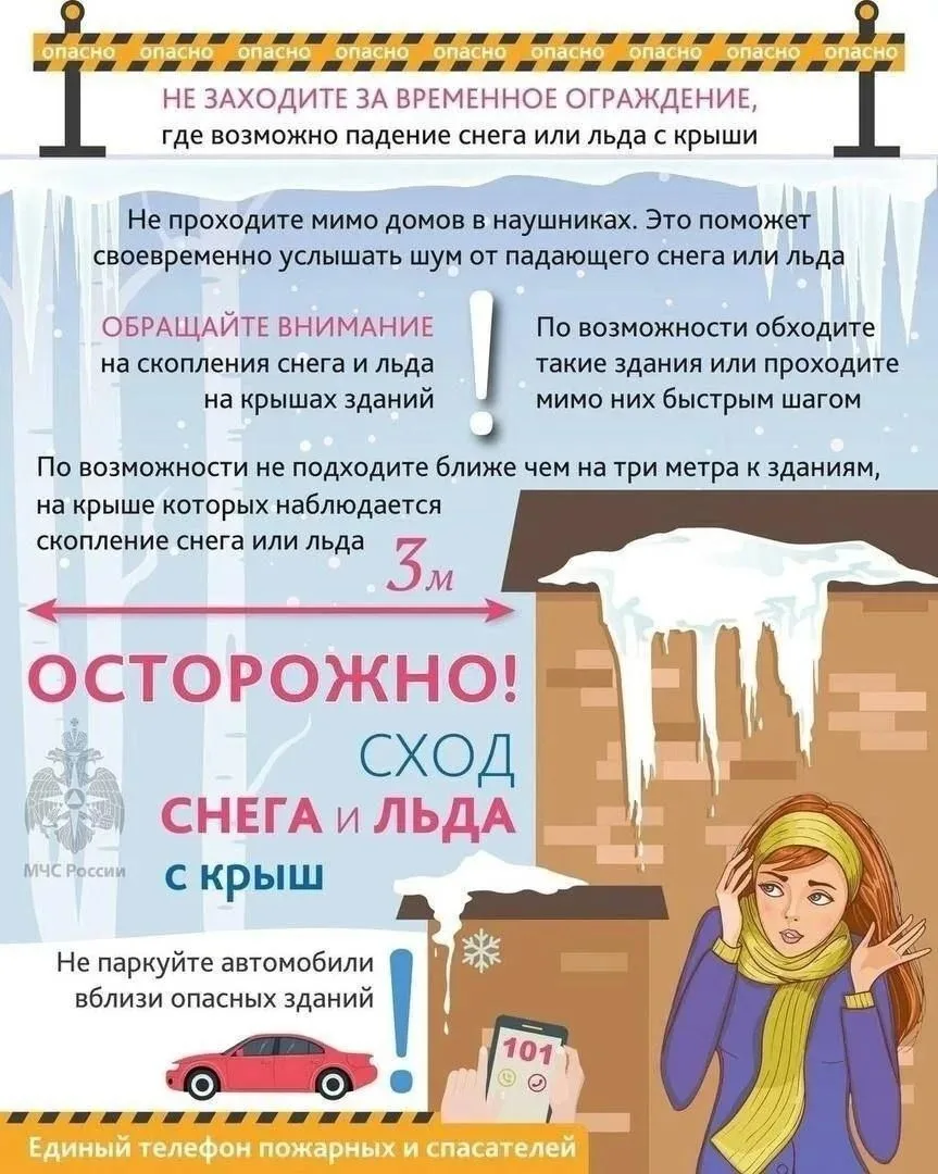 Внимание! Сход снега и льда!В связи с изменениями температуры возможно образование наледи (сосулек) 
