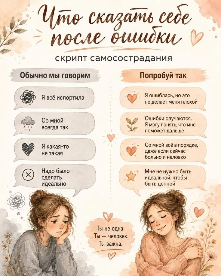🤍 Иногда после ошибки нам нужна не критика, а немного доброты к себе.
