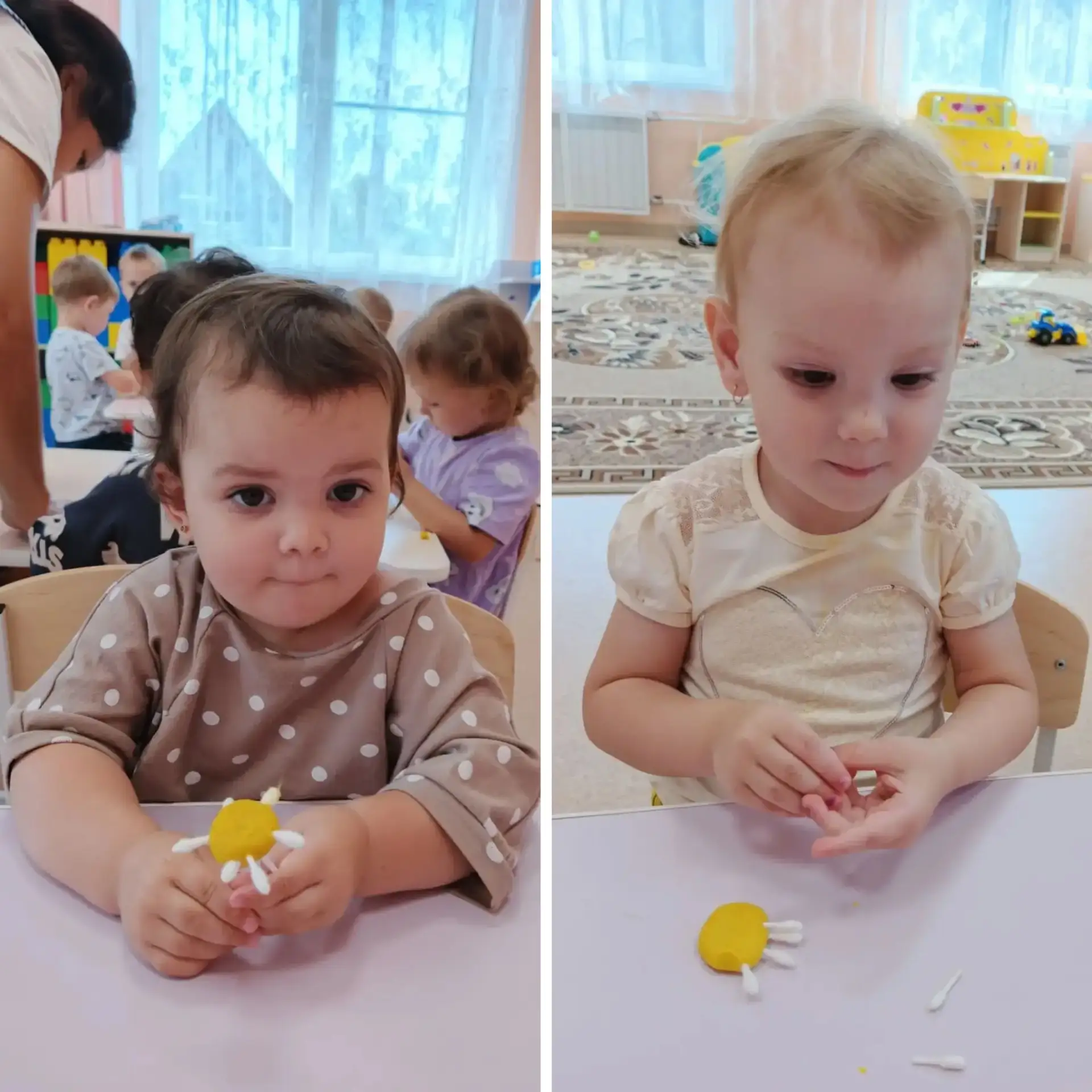Сегодня в группе «Лисята» прошло занятие по пластилинографии «Ромашка». Это нежный цветок, который и