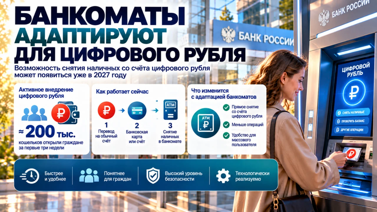 Для цифрового рубля могут адаптировать банкоматы. Устройства для снятия наличных непоср...