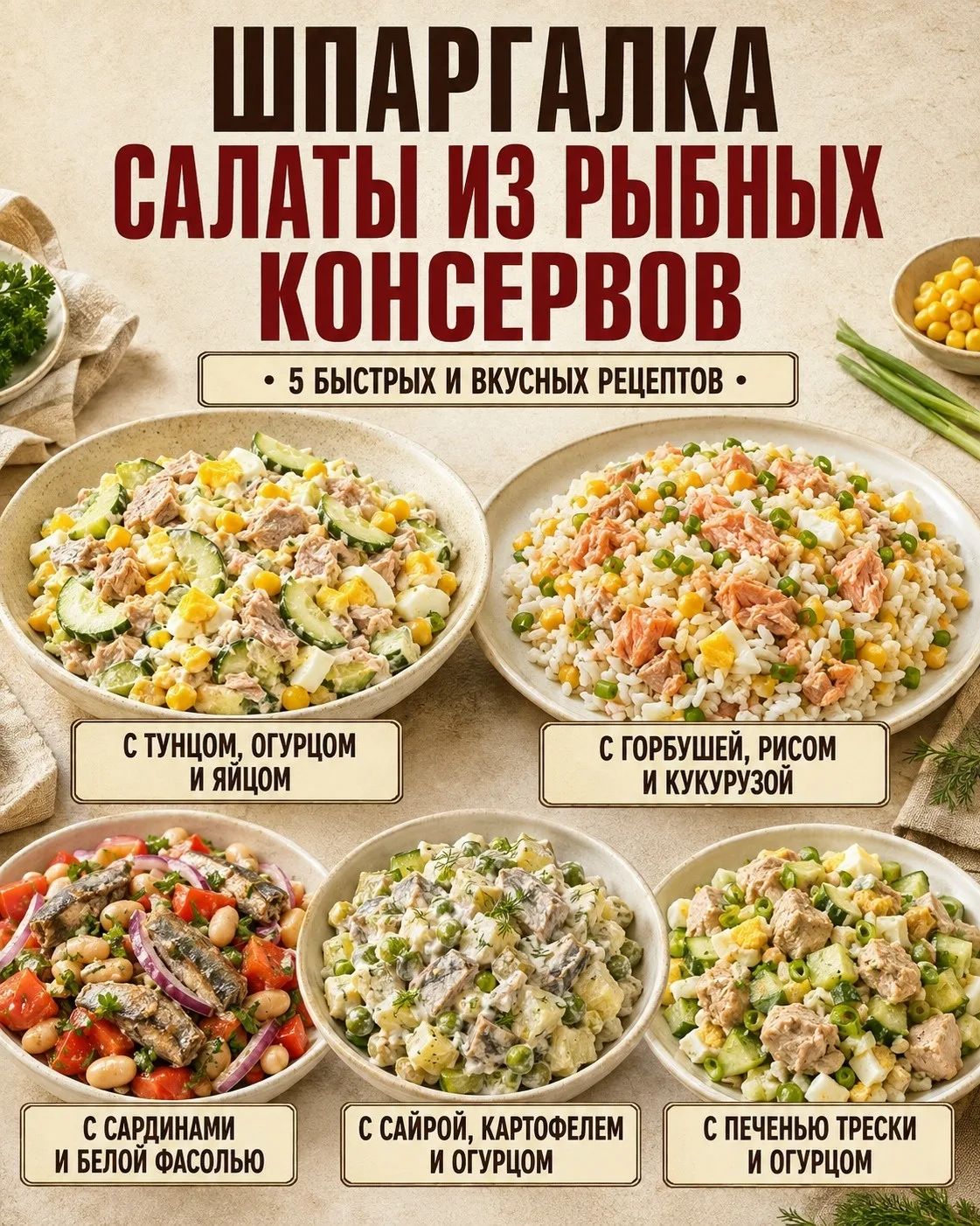 ШПАРГАЛКА ПО САЛАТАМ ИЗ РЫБНЫХ КОНСЕРВОВ