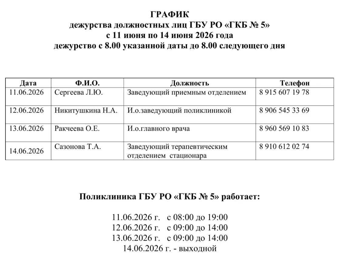График дежурства с 11 по 14 июня:
