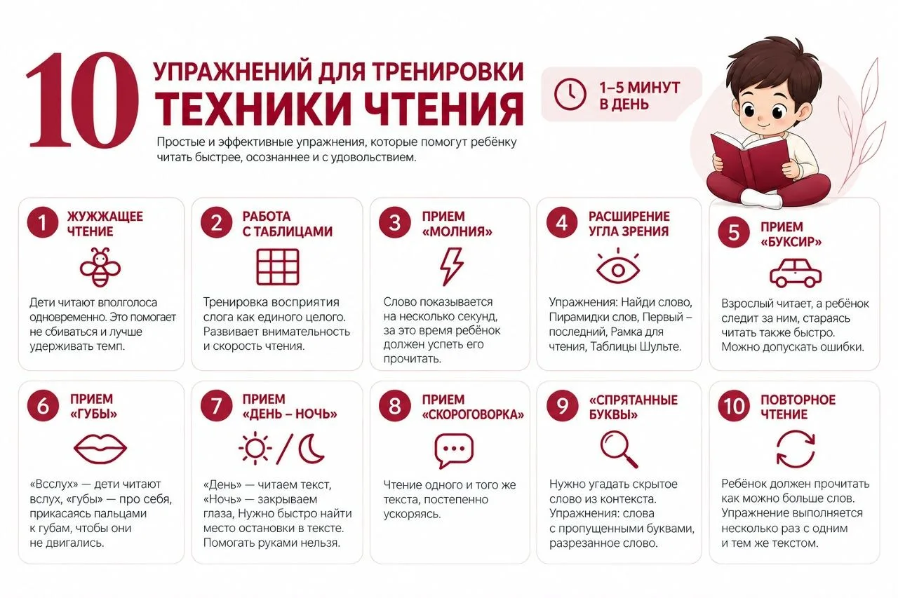 10 упражнений для тренировки техники чтения📕