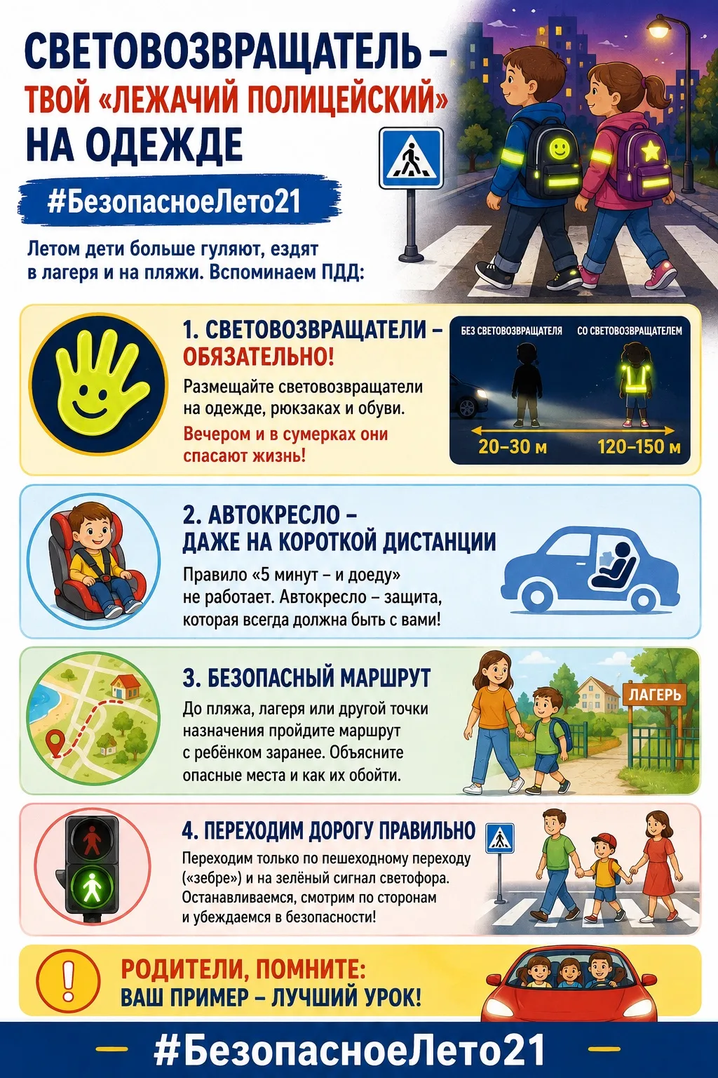 Световозвращатель – твой «лежачий полицейский» на одежде #БезопасноеЛето21
Летом дети чаще бывают на