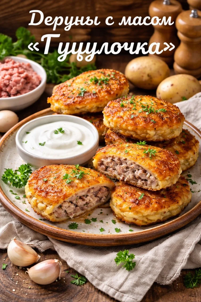 Деруны с мясом «Гуцулочка»

Ингредиенты:
Картофель 3 шт.
Яйцо 2 шт.
Мука 4 ст. л.
Фарш 100 г.
Чеснок