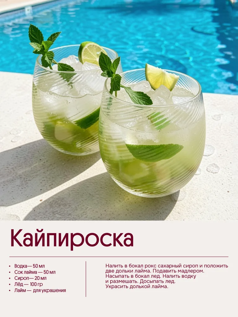 Кайпироска

Ингредиенты:
- водка – 50 мл; 
- сок лайма – 50 мл;
- сахарный сироп – 20 мл;
- лед – 10