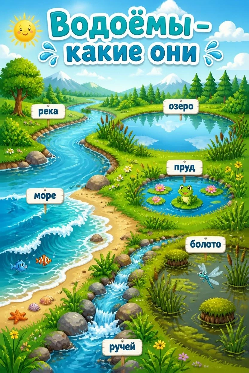 Сегодня выходной 🤗

Приглашаем вас поиграть с ребятами👥
Игра по картинке 🏝️ 

Какие бывают водоем