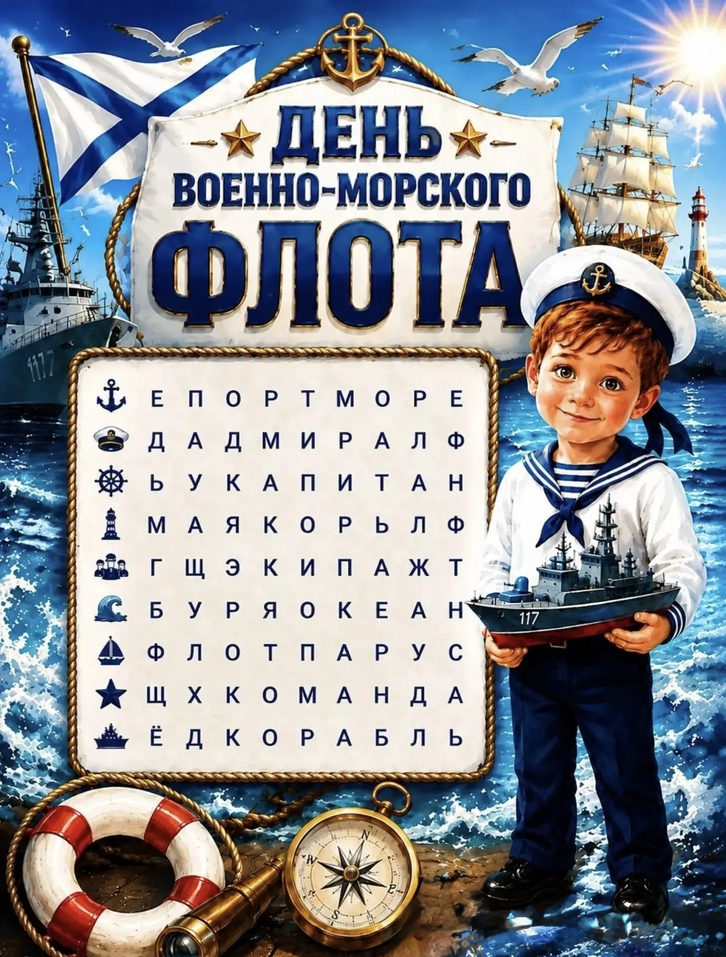 ✅⚓️В честь дня «Военно-Морского Флота» подготовили для вас увлекательный филворд. 
👀Постарайтесь на