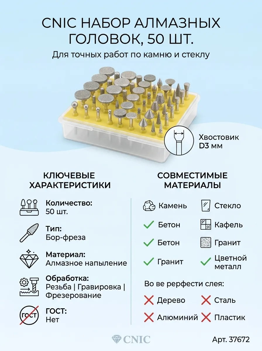 CNIC Набор головок алмазных из 50шт. D3,0мм по камню и стеклу 37672